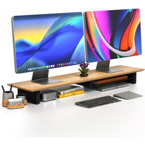 Solid Wood Dual Monitor Stand Riser  43" Oak Desk Shelf for 2 Monitors with Tray & Wool Felt, Organizer for Desktop, Laptop and Office (Solid Oak)