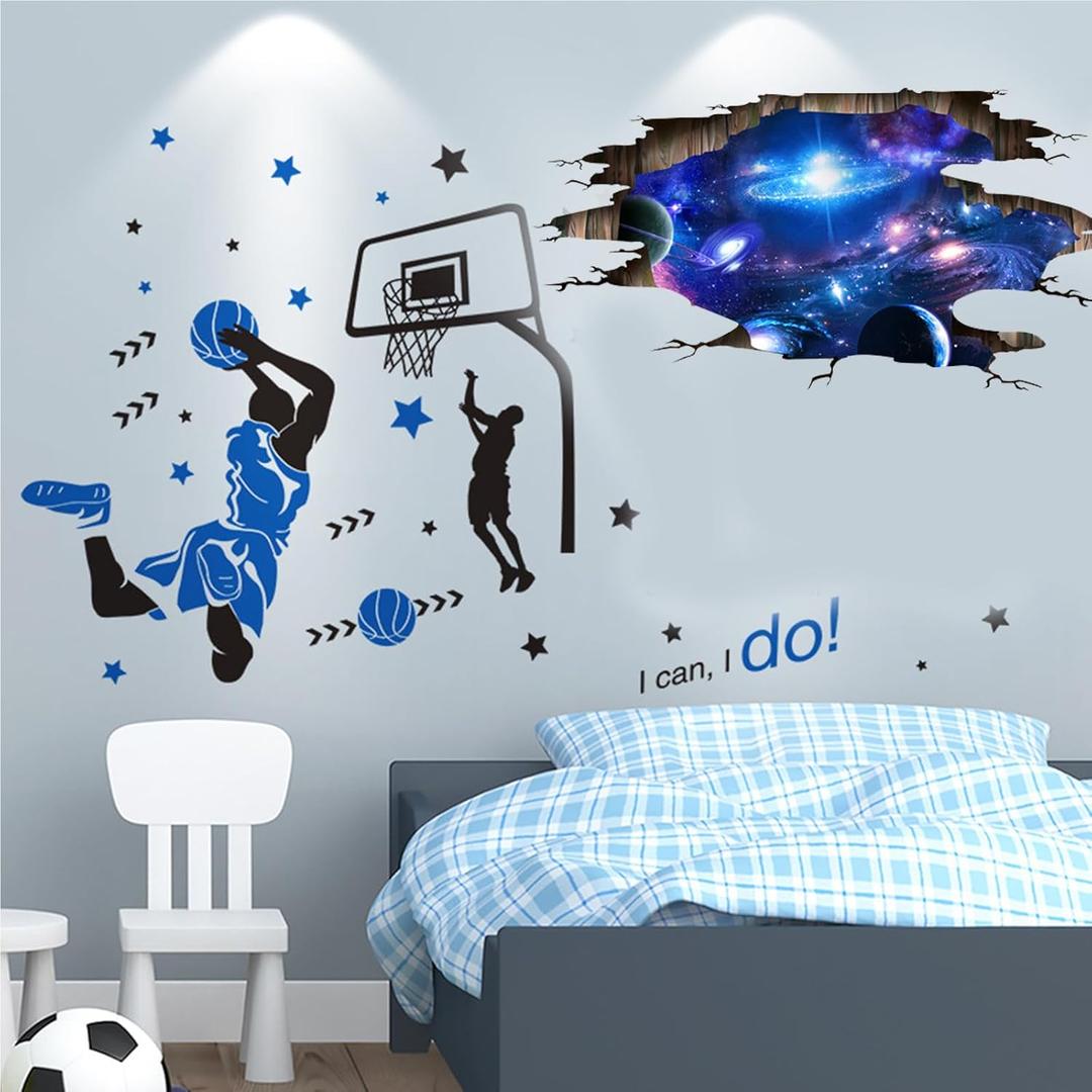 Basketball Wall Decal 3D Galaxy Blue Out of Space Milky Way Decor Sticker Player Dunk Star Art for Nursery Walls Bedroom Ceiling