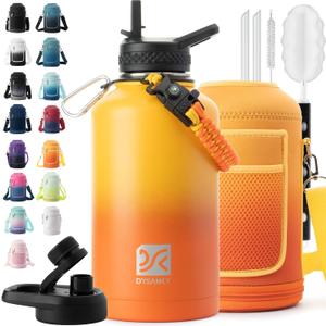 Insulated Water Bottle | Thickened Stainless Steel Vacuum Metal | Portable Sports Half Gallon Large Water Jug for Gym and Hiking with Straw, Carrier Bag, Handle Strap | BPA-Free 64 oz (Gradient Orange)
