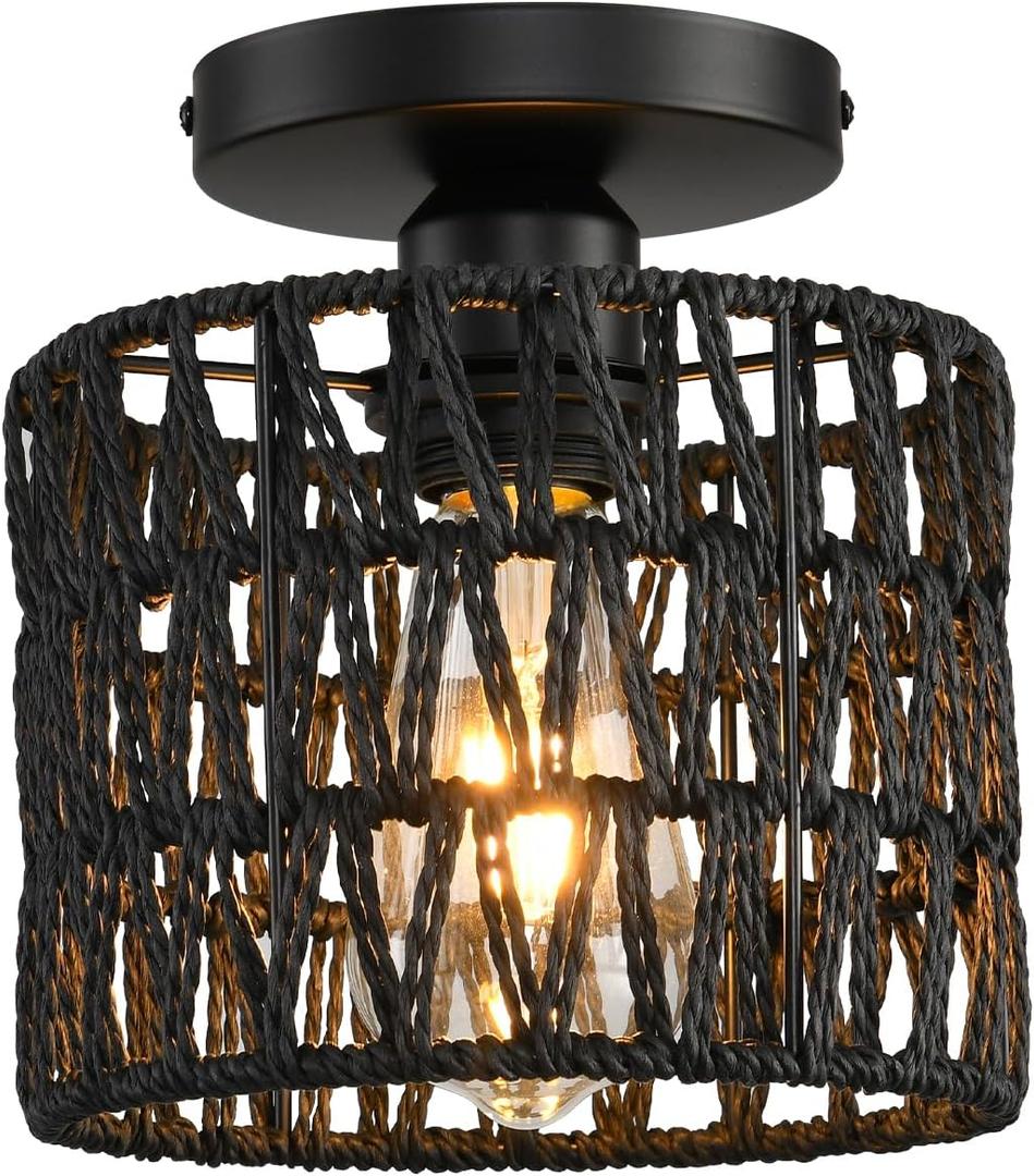 Ceiling Light Fixture,Hand-Woven Rattan Flush Mount Ceiling Light,Farmhouse Light Fixtures Ceiling Mount Boho for Hallway Bedroom Kitchen Entryway Living Room (1 Pack Black)