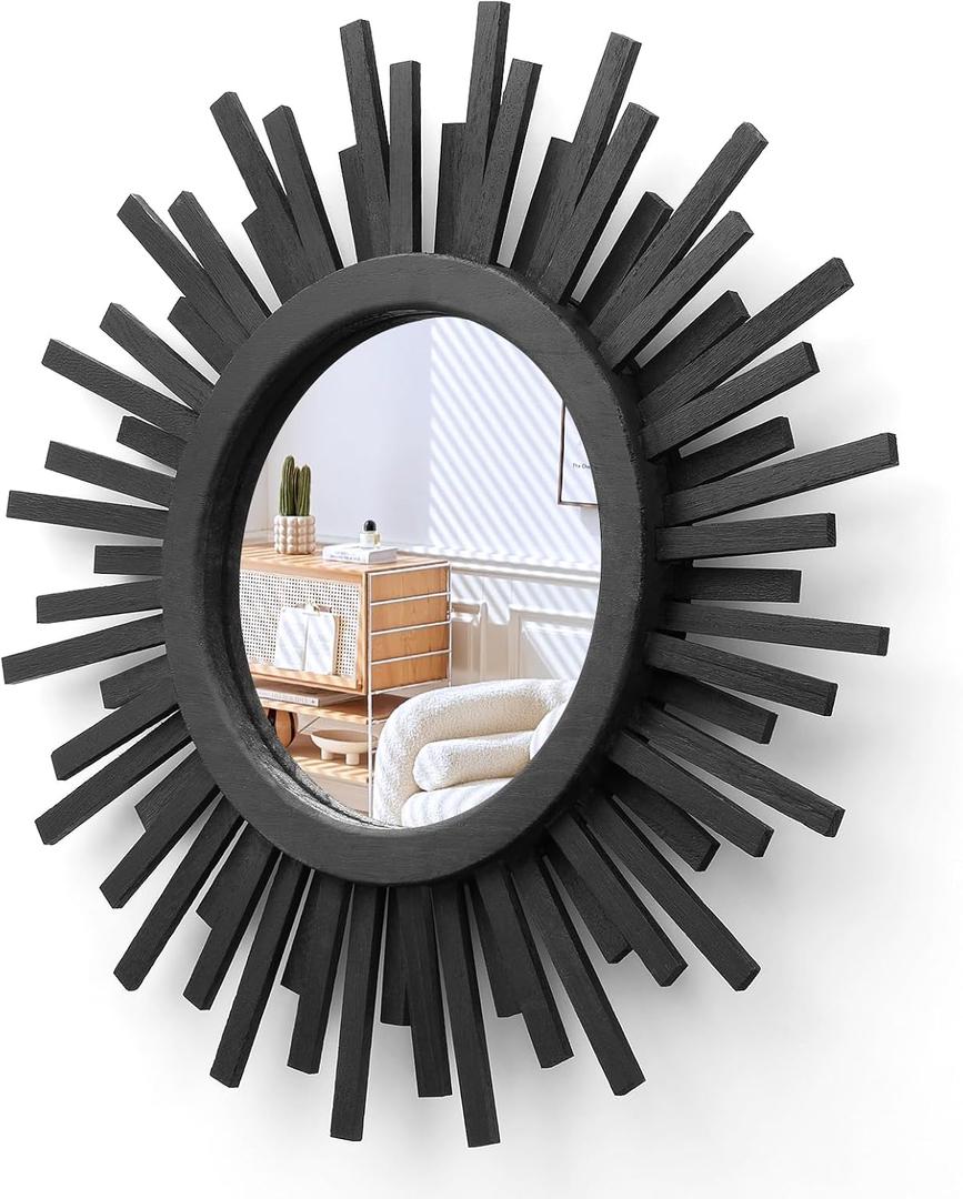 18 Inch Boho Sunburst Mirror, Round Wooden Wall Decor Starburst Sun Mirror for Bedroom, Living Room, Bathroom, Hallway, Balcony, Farmhouse Entryway, Housewarming Gift（Black