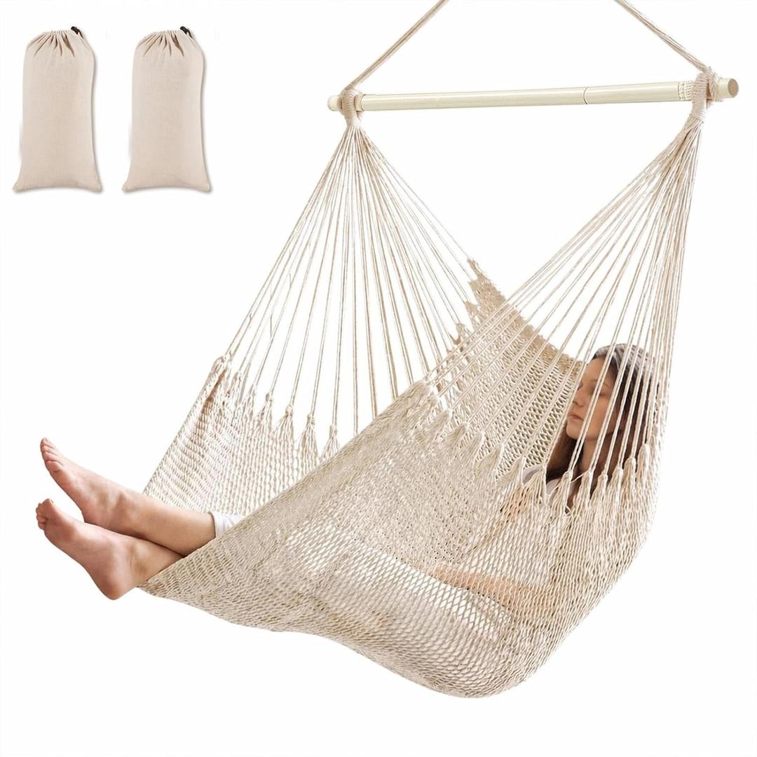 Barydat 2 Pcs Hanging Hammock Chair Boho Swing Chair Outdoor Indoor Comfy Soft Cotton Rope Weaving with 40 Inch Detachable Metal Bars for Backyard Living Room Garden, 270lb Capacity(Beige)
