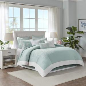 Harbor House Cotton Comforter Set - Coastal Oceanic Sealife Design, All Season Down Alternative Bedding with Matching Shams, Bedskirt, King(110"x96"), Coastline, Coral Aqua, 4 Piece