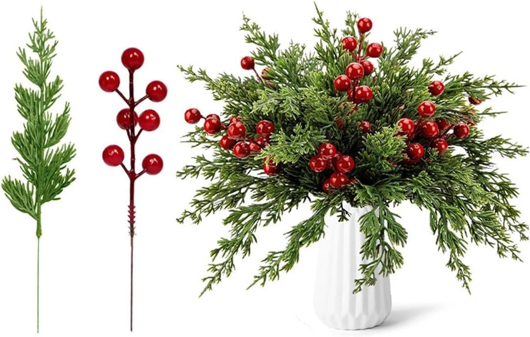 45PCS Artificial Christmas Greenery Faux Pine Branches with Red Berry Stems Fake Greenery Pine Picks Christmas Pine Needles for Christmas Tree Wreath Garland DIY Crafts Holiday Home Decoration