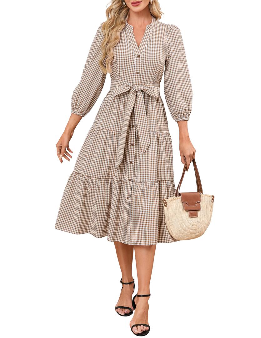 YEXPINE Women's Gingham Maxi Dress Puff Sleeve V-Neck Button Down Flowy Tiered Belted Dress Brown XXL