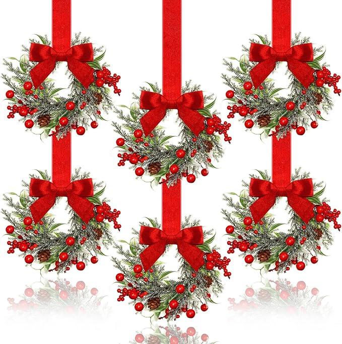 Dingion 6 Pcs 6" Christmas Mini Cabinet Wreaths for Kitchen with Ribbon Bows Red Berry Small Window Wreath for Window Door Farmhouse Christmas Party Decorations (Stylish Style)