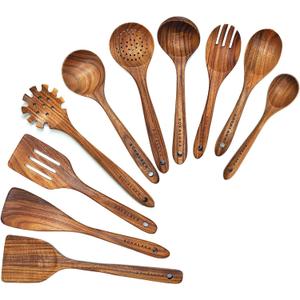 Wooden Spoons for Cooking, 10 Pcs Natural Teak Wooden Kitchen Utensils Set Wooden Utensils for Cooking Wooden Cooking Utensils Wooden Spatulas for Cooking