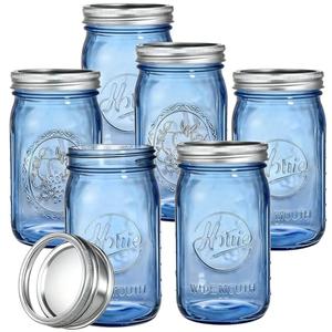 Tebery 6 Pack Vintage Blue Home Mason Jars with Airtight lids & Bands, 32Oz Wide Mouth Quart Glass Canning Jar for Fermenting, Pickling, Storage, DIY Crafts & Decor