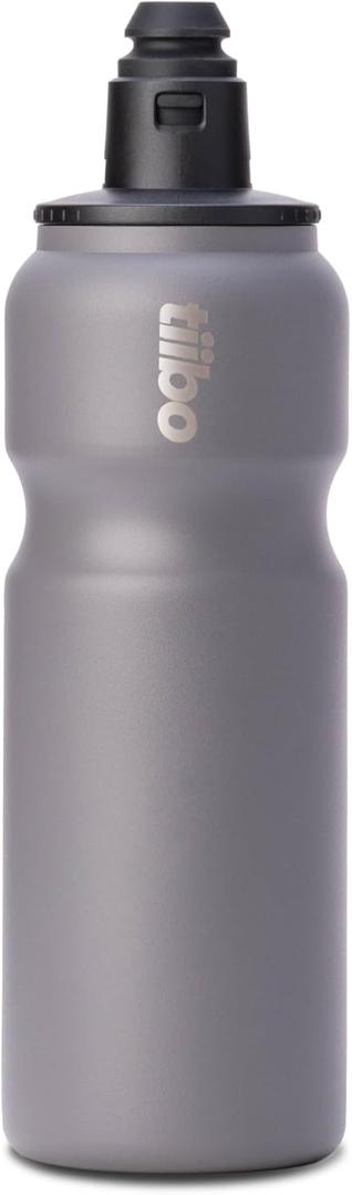 tiibo Vacuum Insulated Stainless Steel Bike Water Bottle, Double Wall, No-Squeeze, Fast Flow Sport Nozzle, Designed for Cycling, Biking, Fitness & Sports, Fits Most Bike Cages (Gray, 17OZ)