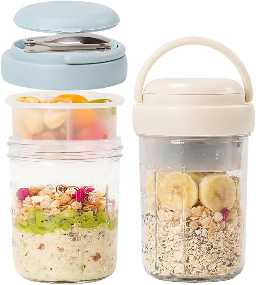 2 Pack Overnight Oats Containers with Lids and Handles, Folding Spoons & Divided Compartments for Fruit & Nuts 16oz Mason Jars for Oatmeal, Yogurt Container Chia Pudding Jars with Lids (Cream/Blue)
