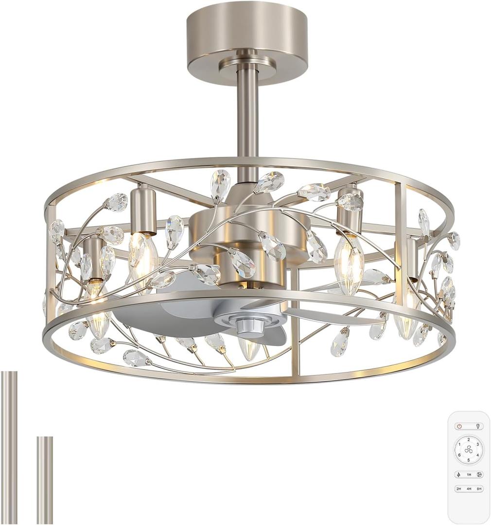 20 Inch Caged Ceiling Fan with Light and Remote, Quiet Reversible AC Motor, 5 ABS Blades, Modern Industrial Crystal Low Profile Small Ceiling Fan Light for Bedroom Home Indoor, Brush Nickle