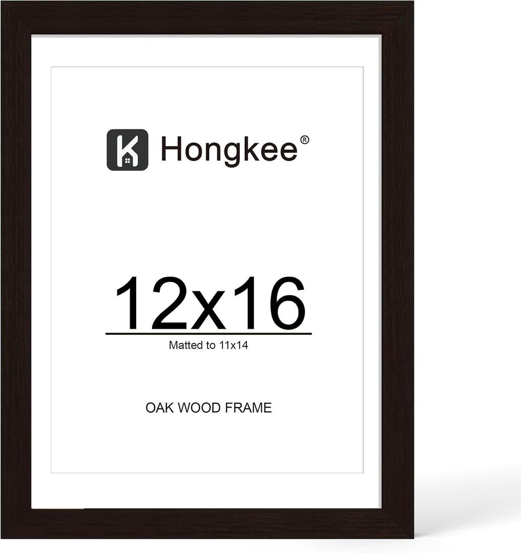 Hongkee 12x16 Oak Wood Picture Frame, Display Photos 11 x 14 with Mat or 12 x 16 without Mat - Tempered Glass Cover, Horizontal and Vertical Display for Wall Mounting (Black, Set of 1)