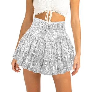 FEOYA Women Sequins Ruffle Skirt High Waist Glitter Flowy Skirt Layered Shiny Mini Skirt Built in Shorts L Silver