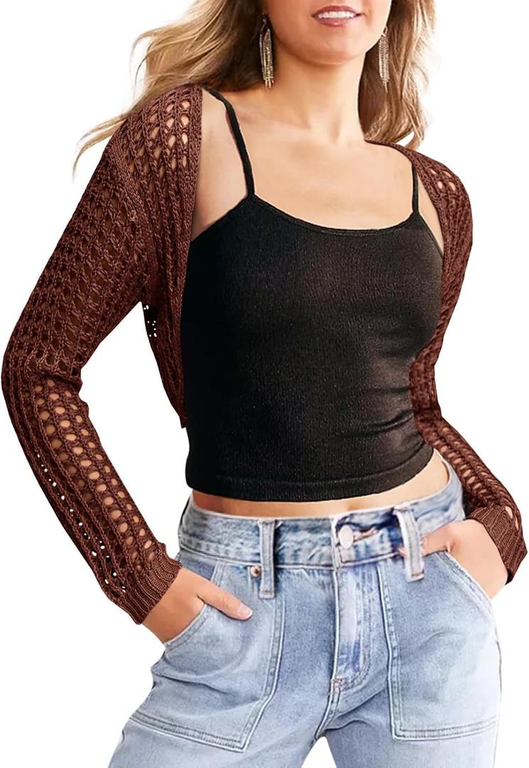 Saodimallsu Womens Crochet Bolero Shrug Sweaters Cropped Lightweight Cardigan Long Sleeve Mesh Knit Y2k Crop Tops, Small