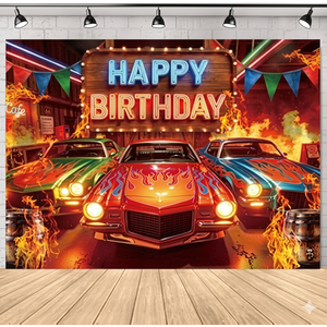 SVBright Racing Car Happy Birthday Backdrop 7Wx5H Western Vintage Retro West Brown Barn Door Rustic Farmhouse Country Fire Colorful Flags Decorations Photography Background Banner Photo Booth Studio