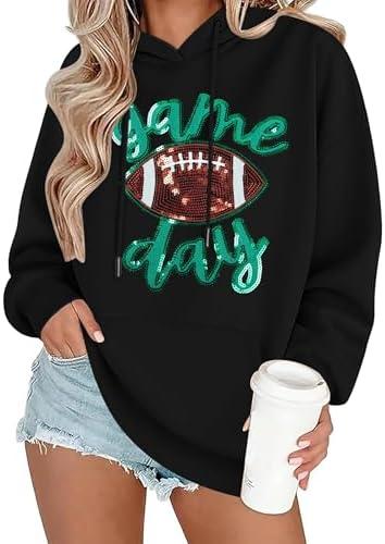 FASHGL Game Day Football Sweatshirt Women: Funny Football Graphic Hoodie Sunday Funday Pullover Hoodies Long Sleeve Tops (Medium, Black)