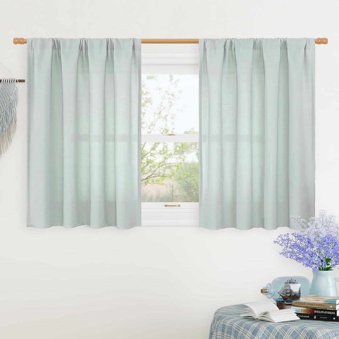 LAMIT Linen Curtains 36 Inch Length 2 Panels for Kitchen/Cafe, Light Filtering Linen Textured Panels Rod Pocket Boho Short Privacy Drapes for RV Basement/Small Windows, 42 x 36 Inch, Light Blue