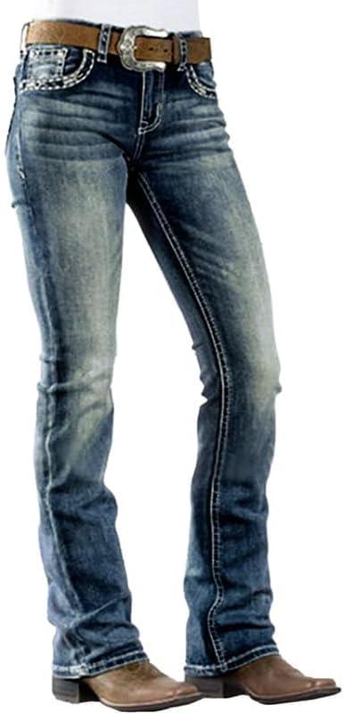 Women Bootcut Jeans 90s Mid Rise Straight Leg Stretchy Boot Cut Denim Pants Trendy (X-Large, 201-cyan Blue)