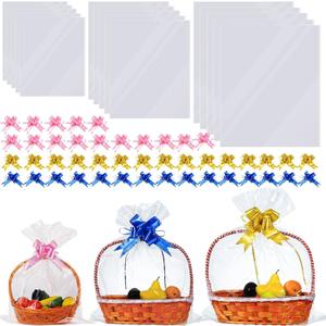 90 Packs Large Clear Cellophane Bags 14x20 18x24 24x30 Inches Jumbo Gift Basket Wraps Extra-large Transparent Plastic Bags for Fruit Basket, Gift Wrap, Treats, Arts and Crafts, 90 pcs Pull Ribbon Bow Ties