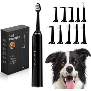 Dog Teeth Cleaning Kit, Sonic Toothbrush for Pets, Teeth Plaque Remover Brush Set with 3 Modes and 11 Replaceable Heads