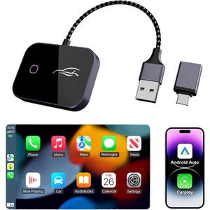 Wireless CarPlay Adapter for iPhone & Android, Convert Wired to Wireless CarPlay Dongle, Plug & Play USB-C, Auto Connect, 5GHz WiFi, Compatible with iOS 10+ & Android 11+ Cars（Black）