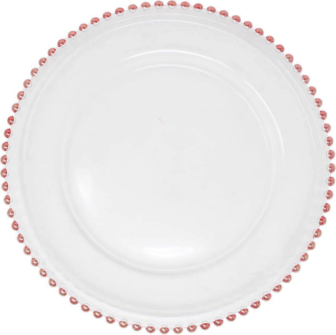 Ms Lovely Clear Glass Charger 12.6 Inch Dinner Plate With Beaded Rim - Set of 4 - Metallic Pink