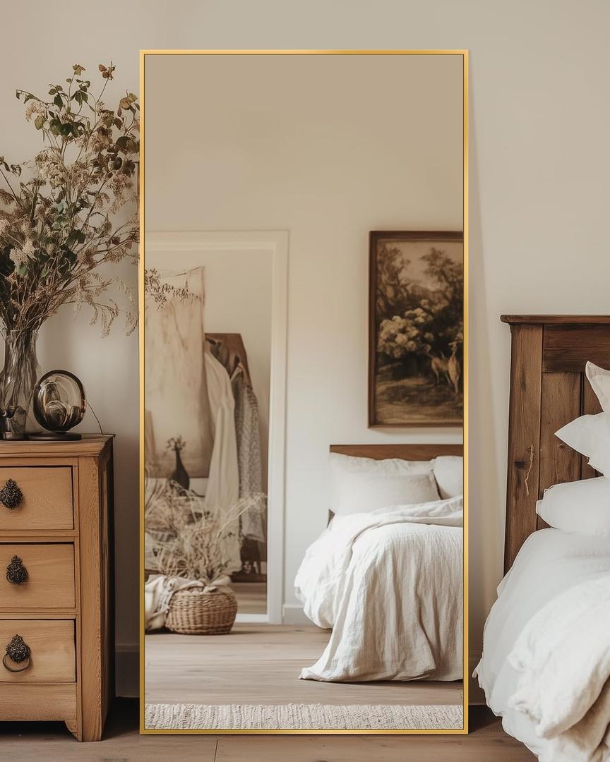 Antok Full Length Mirror, 58"x21" Floor Mirror, Floor Standing Freestanding Full Body Mirror with Stand for Bedroom, Hanging Mounted for Living Room Cloakroom, Gold