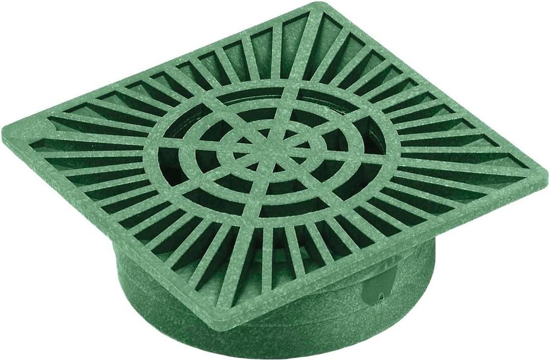 StormDrain 9" Outdoor Square Grate Cover with Bottom Outlet - Fits 6" Catch Basins, Sewer and Drain Pipes - Superior Strength and Durability, Green