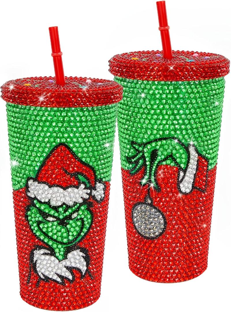 Bling Rhinestone Christmas Tumbler Gift, 20oz Stainless Steel Insulated Tumbler with Straw, Christmas Travel Coffee Mug for Womens/Mens Gift