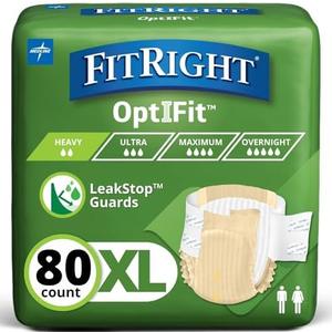 FitRight Adult Diapers, Extra+ Heavy Absorbency, XL (Waist Size 56in-64in), 80 Count, OptiFit Incontinence Briefs for Men and Women, Disposable, Moisture-Wicking, Leak Protection,