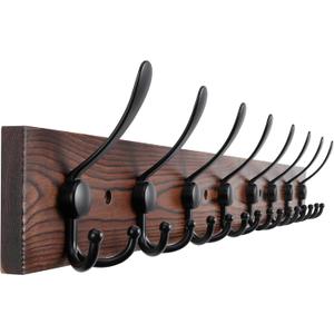 32.2'' Large Coat Rack Wall Mount Coat Hooks Coat Hanger with 8 Metal Black Triple- Hooks Brown Pine Real Wood Plank Hat Rack for Wall Hooks for Hanging Coat Hat Jacket,  1 Item-8 Hooks,  Brown Plate & Black Hook
