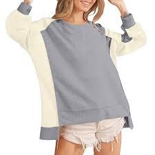 Dokotoo Sweatshirt for Women Oversized Waffle Knit Crewneck Sweatshirts Long Sleeve Side Slits Casual Pullover Tops Size M