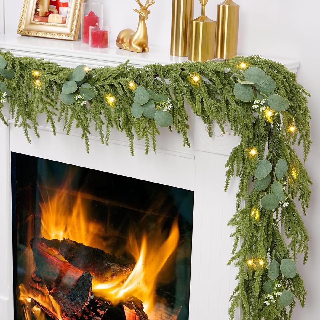 Waipfaru Christmas Norfolk Pine Garland with Lights, 6FT Real Touch Pine Christmas Decoration, Artificial Faux Cedar for Home Decoration