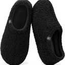 HomeTop Women's Fuzzy Curly Fur Memory Foam Loafer Slippers with Polar Fleece Lining (5-6, Black)