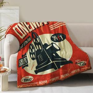 Movie Blanket Gifts for Women Men Girls Boys Vintage Cinema Theater Film Player Print Presents for Kids Adults Teen Birthday Christmas Decor Bedroom Living Room Couch Sofa Soft Flannel Throw 60"x50"
