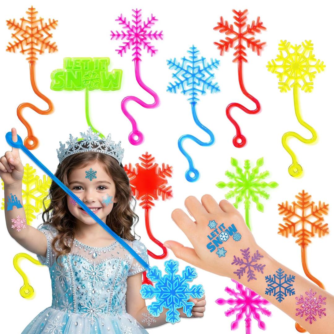 48PCS Snowflake Party Favors - 24PCS Temporary Tattoos & 24PCS Stick Hands Party Favors - Perfect Birthday Favors, Goodie Bag Stuffers, Treasure Box Toys, Classroom Prizes, and Student Gifts