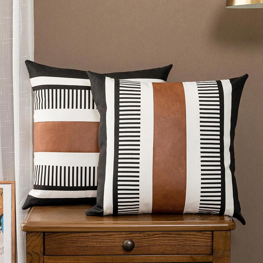 Set of 2 Striped Boho Throw Pillow Covers 16x16 inch, Modern Leather Pillow Cover for Couch Sofa Bed, Farmhouse Decor Patchwork Accent Pillowcase, Black Set of 2 Striped Boho Throw Pillow Covers 16x16 inch, Modern Leather Pillow Cover for Couch Sofa Bed, Farmhouse Decor Patchwork Accent Pillowcase, Black
