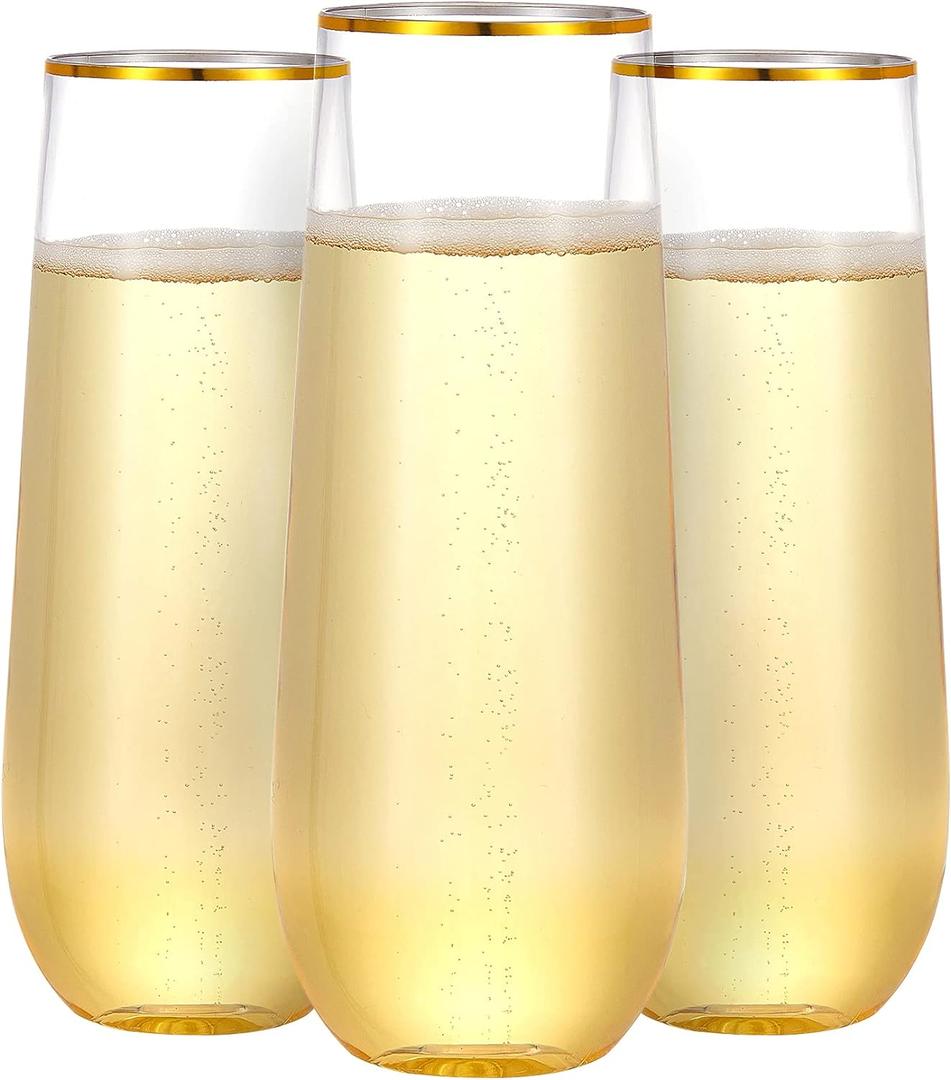 N9R 36PCS Plastic Champagne Flutes, 9 Oz Stemless Disposable Gold Rim Toasting Glasses, Crystal Clear Cocktail Cups Drinkware Shatterproof Ideal for Party Wedding Birthday