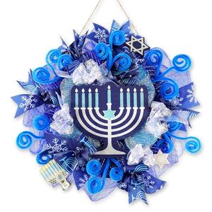 Hoteam Hanukkah Wreath for Front Door Happy Hanukkah Front Door Sign 13 Inch Blue Rustic Chanukah Welcome Decoration for Indoor Outdoor Home Porch Hanging Decoration