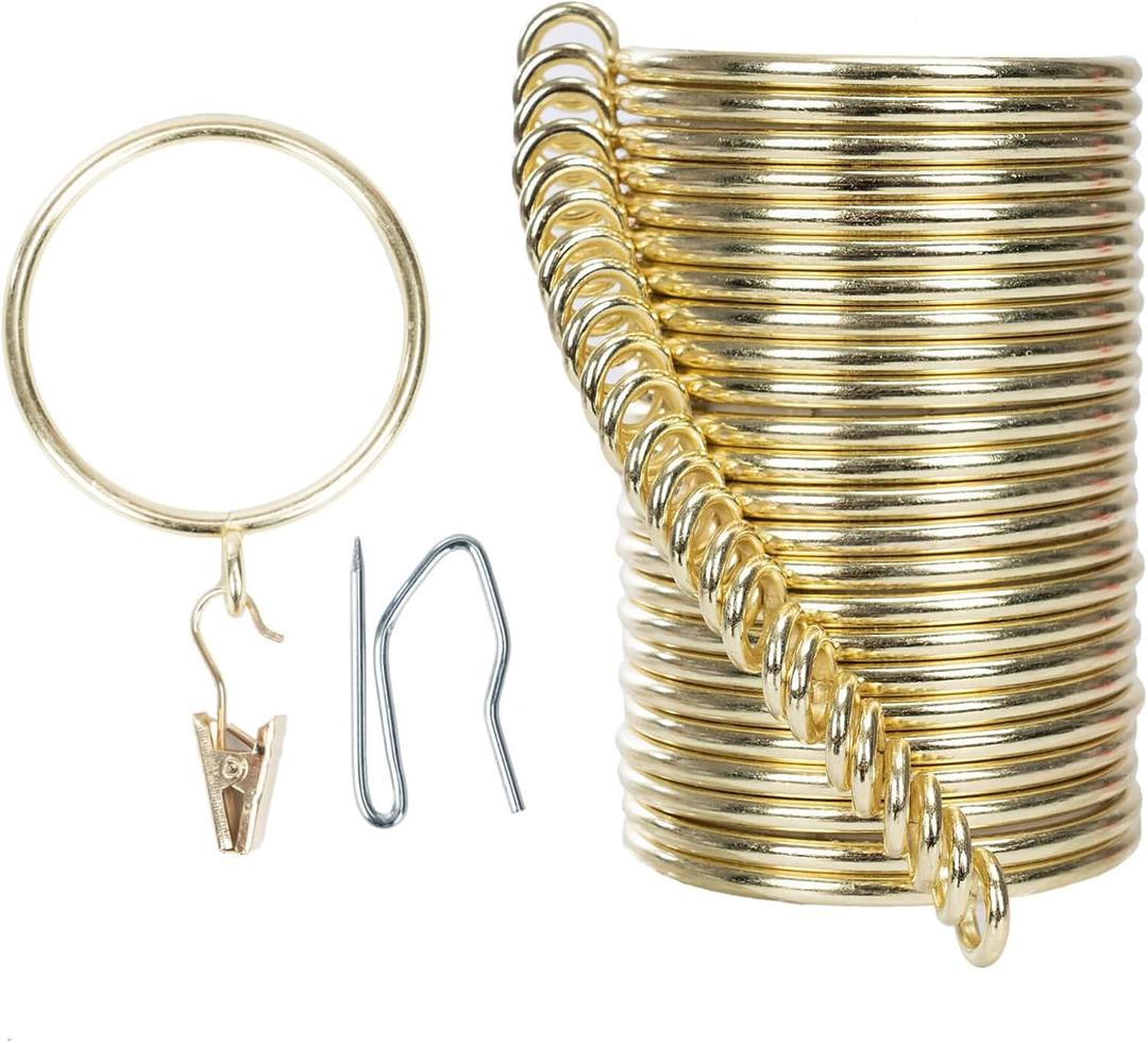Curtain-Clip Rings with Hooks Drapery-Decorative - 1.25 Inch Inside Diameter Included Pin Hooks and Clips Designed to Effortlessly Hold Up 2 Standard Curtains 24Pcs Gold Exselens (1.25 inch Interior Diameter)