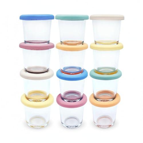 Elk and Friends 4oz Borosilicate Glass Baby Food Storage Jars with Silicone Lid | Strong Glass | Set of 12 | Microwave, Oven & Dishwasher Safe | Infant and Babies