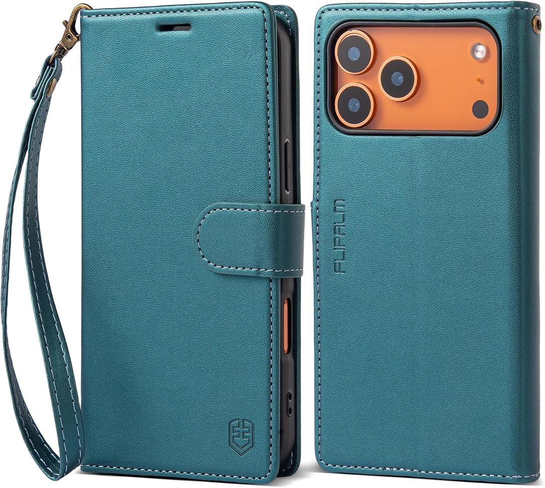 FLIPALM Wallet Case for iPhone 17 Series with Wrist Strap - PU Leather Folio Flip with Credit Card Holder & Kickstand, Protective Cover (Green, for iPhone 17 Pro Max)