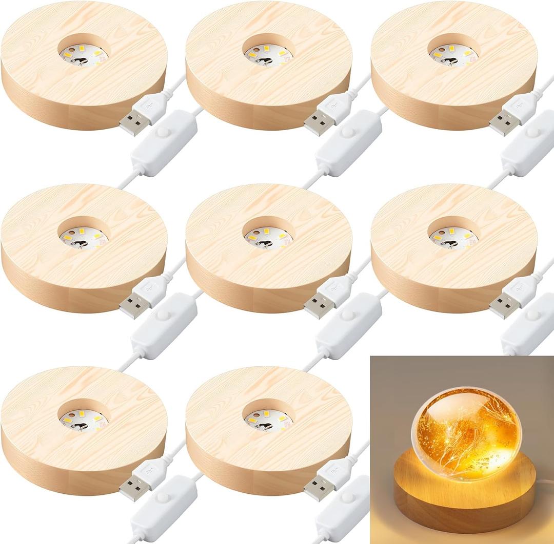 8 Pack Wooden LED Light Display Base with Switch, 3.9 Round Warm Light Stand for Crystal Glass Ball Figurine, USB Powered Lighted Holder for Resin Crafts, Art Decoration