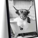 Highland Cow Bathroom Wall Art, Cute Black and White Animal Wall Decor Painting, Highland Cow in Bathtub Farmhouse Canvas Print Picture, Funny Bathroom Restroom Decor 8x10 Inch Wood Framed