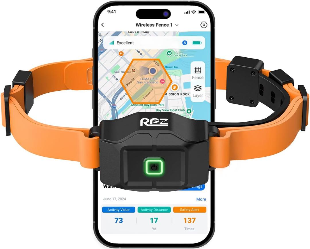 RPZ Invisible Dog Fence, GPS Wireless Electric Fence System Perimeter Collar for Dogs with Phone App No Subscription, Pet Containment System Outdoor for Yard, Orange