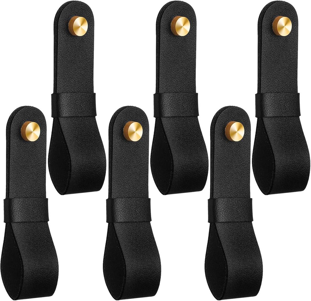 6 Pcs Leather Curtain Rod Holders PU Leather Curtain Rod Bracket Mounted Loop Straps with Screws and Plastic Wall Plugs, Boho Pole Hanger Hook for Towel Oar Home Wall Display Decor (Black)