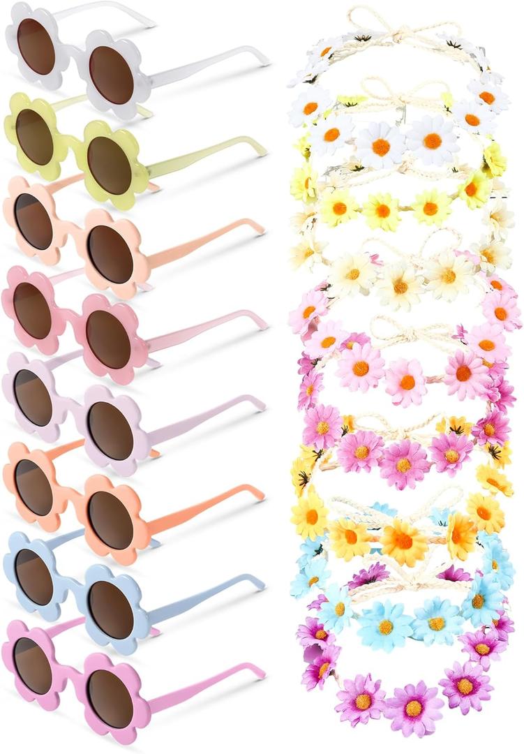 Kanayu 16 Pcs Flower Sunglasses and Headbands Set, Daisy Flower Crown Costume Set Colorful 60s 70s Party Gifts Party Favors