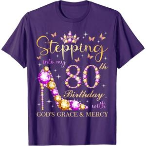 Stepping Into My 80th Birthday with God's Grace & Mercy Cute T-Shirt (Purple, M)