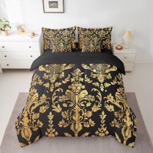 Feelyou Gold Black Vintage Floral 7 Piece Bedding Set Queen Size Gothic Bohemia Boho Flower Comforter Set with Sheets for Kids Adult Oriental Antique Bed in a Bag Luxury Bed Set