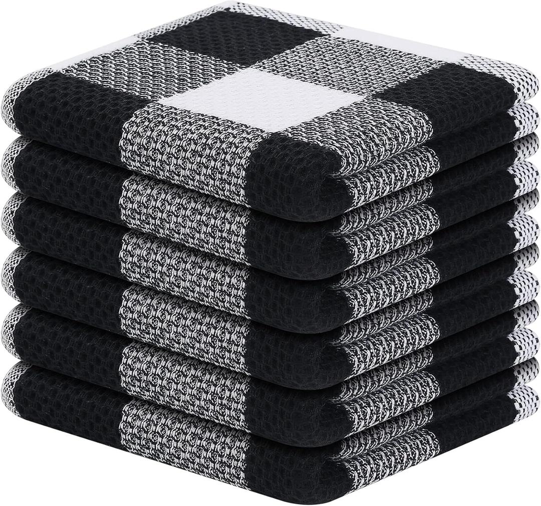 Mordimy 100% Cotton Waffle Weave Plaid Dish Cloths, 12 x 12 Inches, Super Soft and Absorbent Quick Drying Buffalo Check Dish Rags for Kitchen, 6-Pack, Black & White